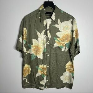 All Saints Alamein Short Sleeve Button Down Shirt Mens Medium Floral Green Relax